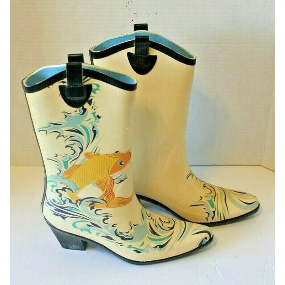 DAV Western Style Rubber Rain Boots Koi Fish Heeled Womens Size 8 - Picture 1 of 5